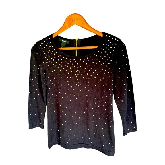 Alfani Black Sweater with Gold Studs Size XS Round Neck Long Sleeve Cotton - Picture 7 of 7